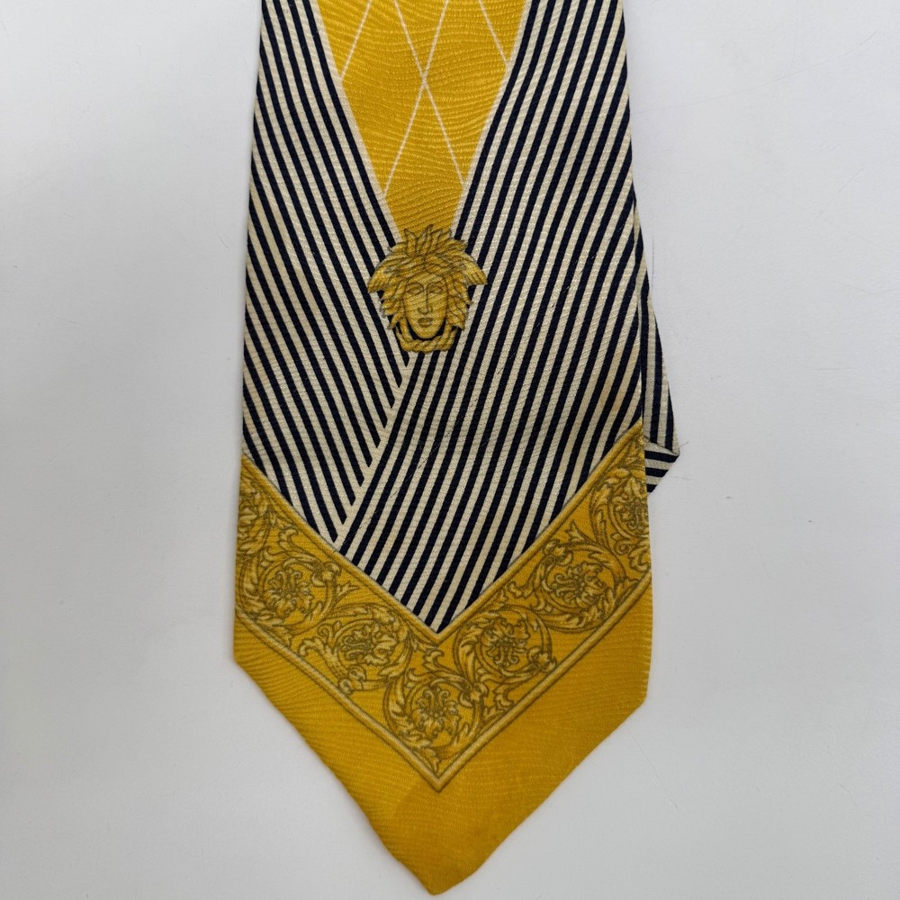 Gianni Versace Gold Black White Medusa 100% Silk Tie Hand Made in Spain 60x3.75