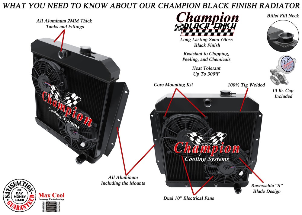 1955-1959 Chevy Truck 3-Row Black Radiator with Dual 10-Inch Fans