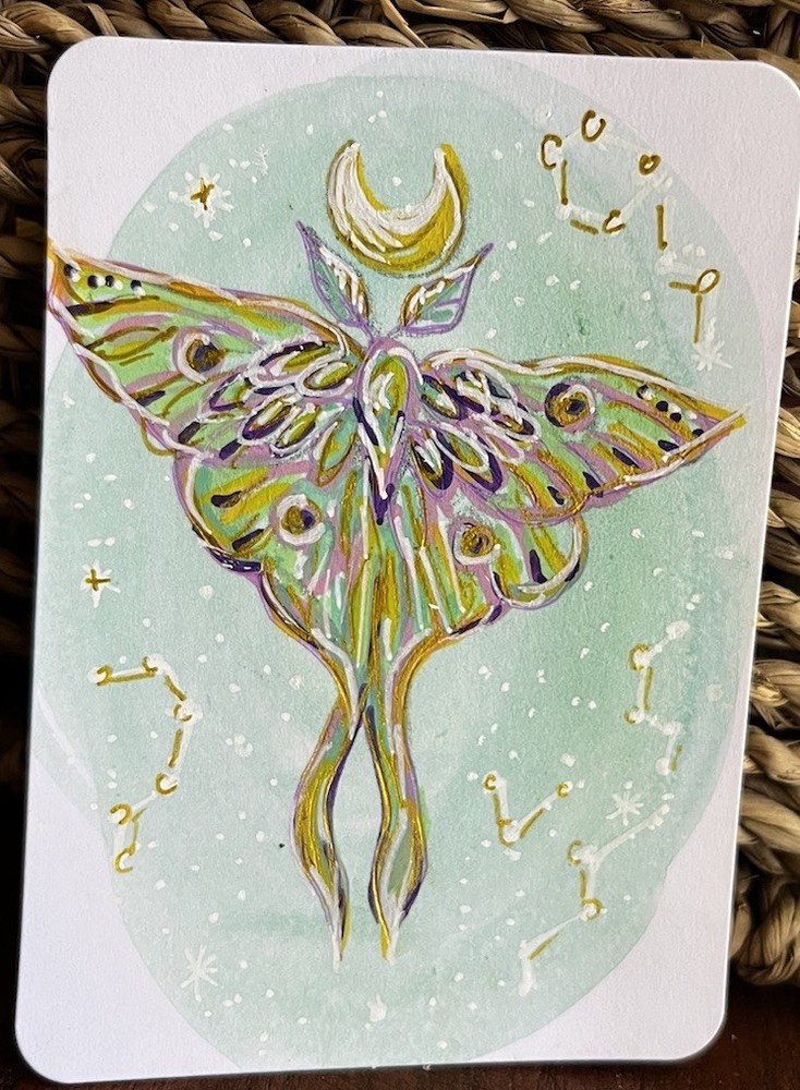 ACEO Original Celestial Moth painting OOAK Cottagecore Insect Art ATC Watercolor