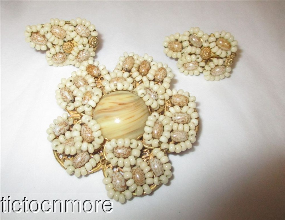 Vintage Miriam Haskell Agate Art Glass Beaded Flower Pin Brooch & Leaf Earrings