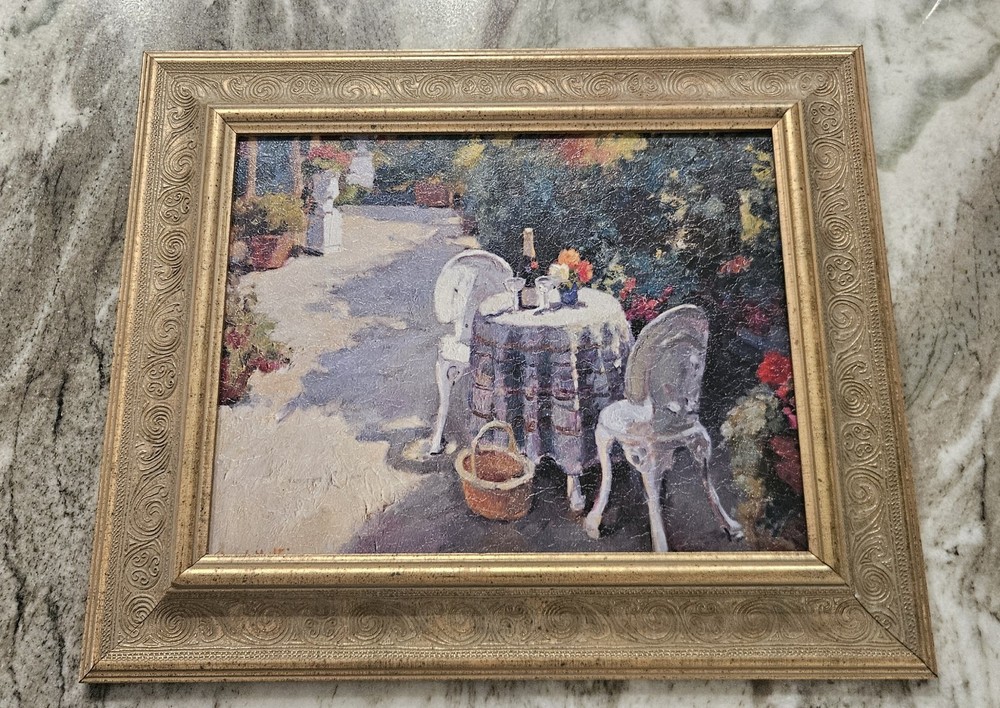 Impressionist Framed Oil Painting Garden Table Flowers on Canvas Small Art