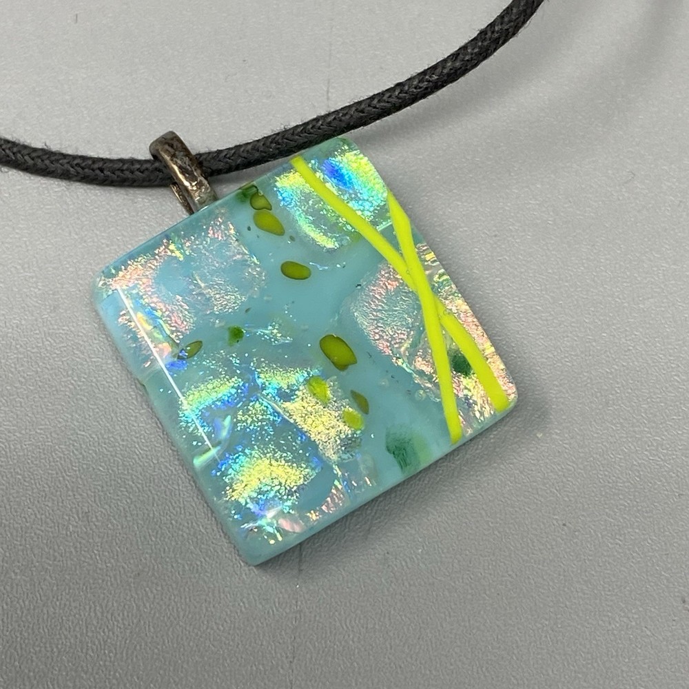 Dichroic Glass Pendant Necklace Blue Yellow Fused Foil Square Blown Shiny 18