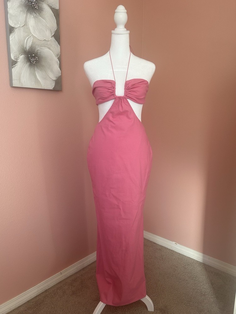 Barbiecore hot pink linen/cotton blend maxi cutout halter dress NWT size small