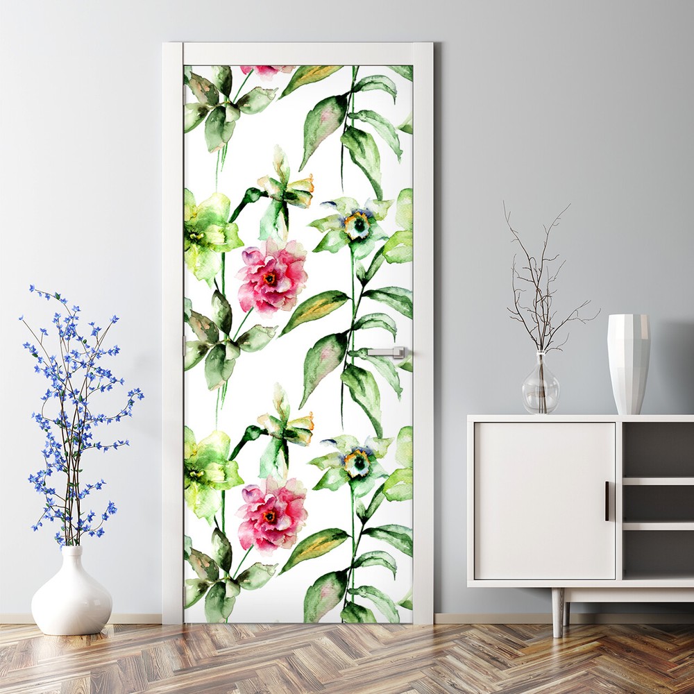 Bubble Free Door sticker Spring wild flowers Watercolour Colourful self adhesive