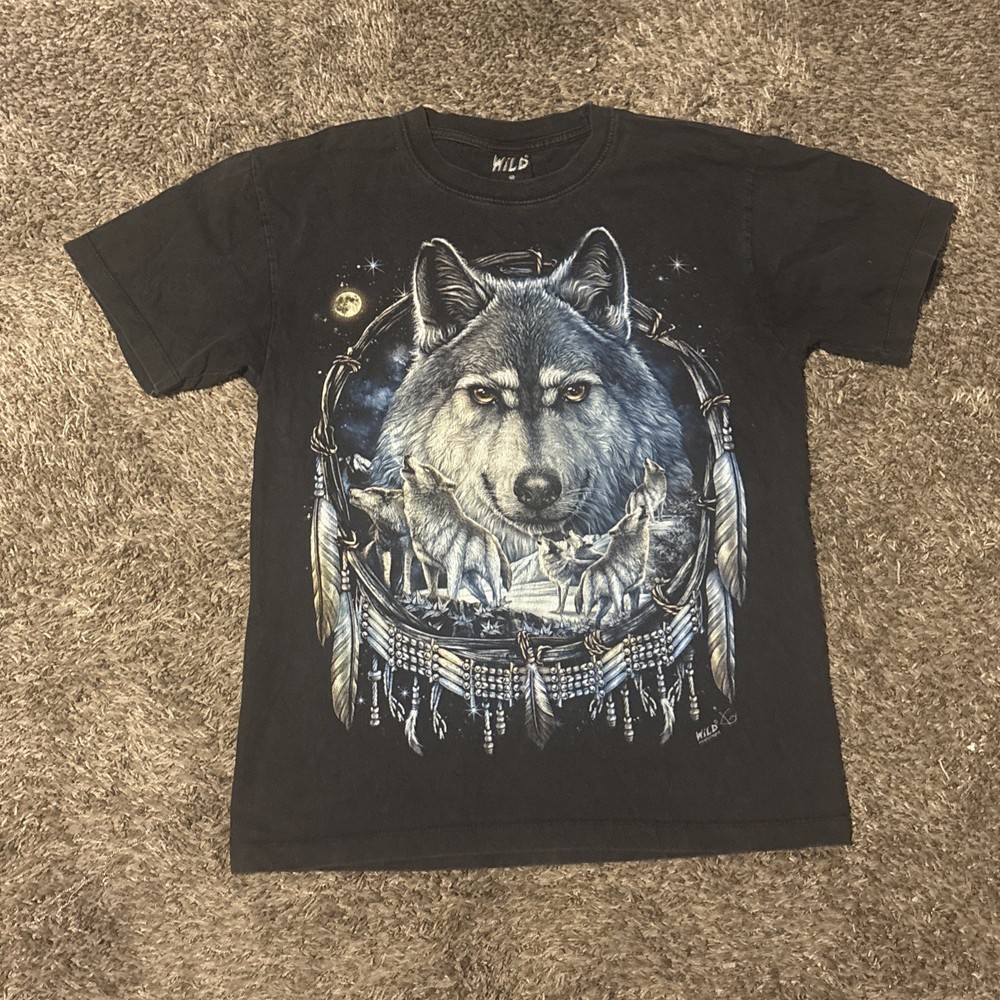 Vintage Wild Wear Wolf Moon Small Mens Black Graphic Logo Short Sleeve T-shirt
