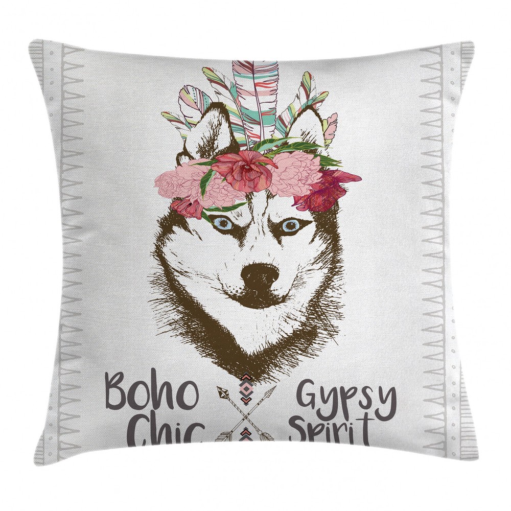 Wolf Flower Feather Square Cushion Cover 24-Inch Decorative Pillow Case