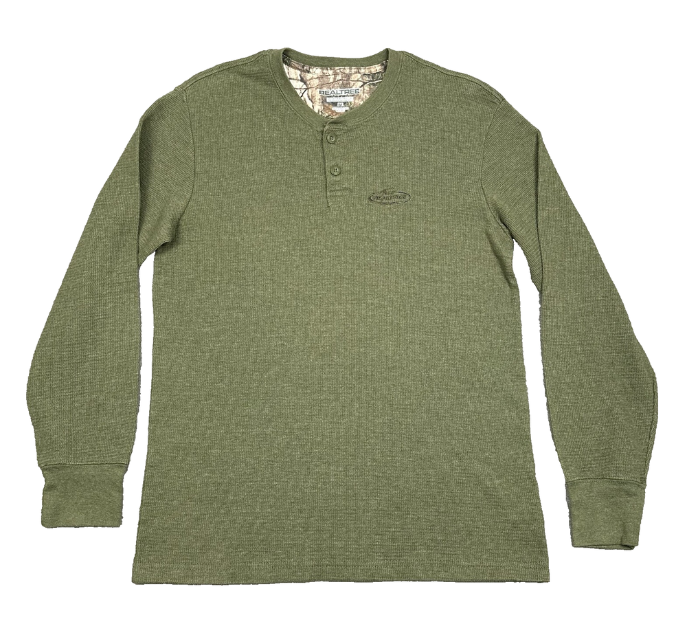 Realtree Shirt Men Medium Olive Green Heather Waffle Knit Henley Outdoor Hiking