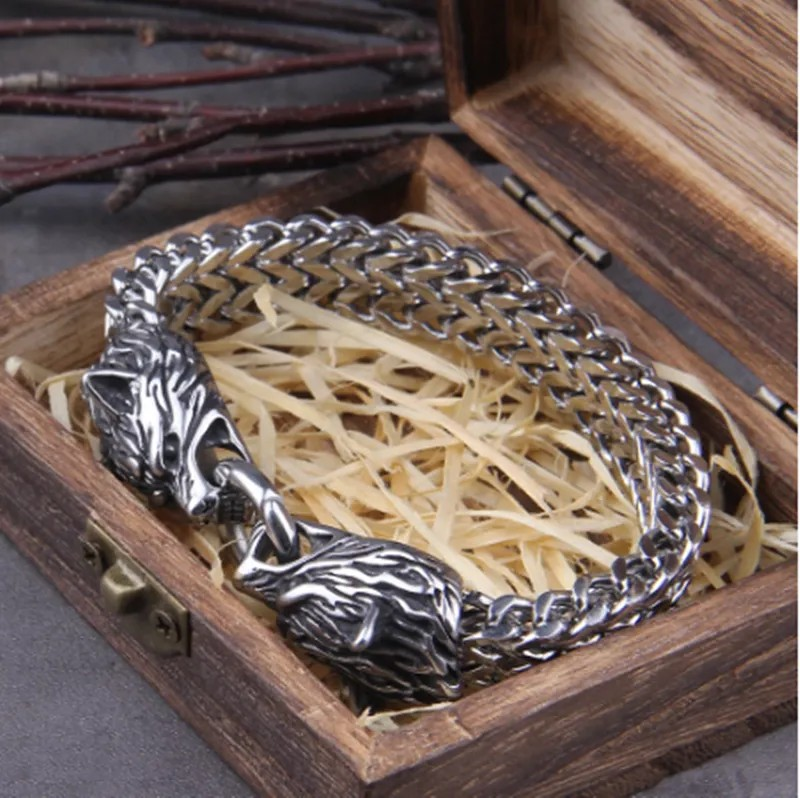 Viking Wolf Head Bracelet with Free Wooden Gift Box – Titanium Steel