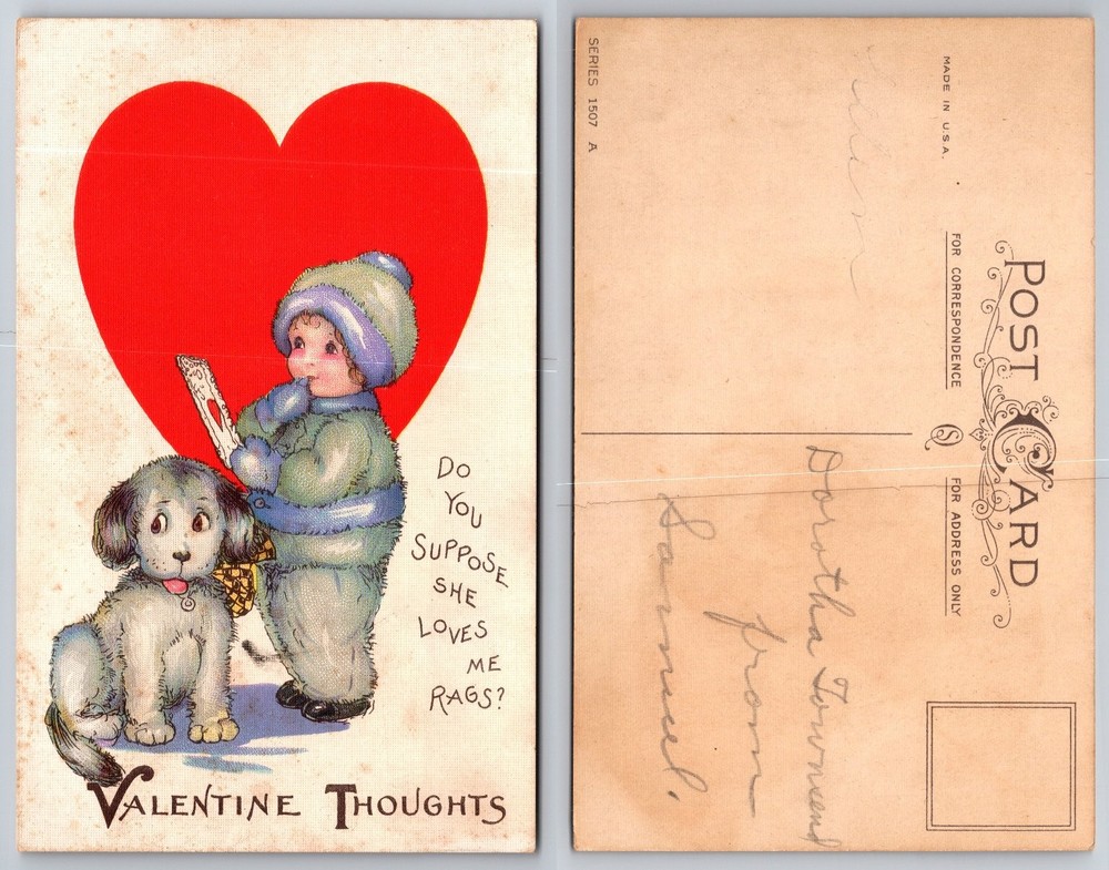 Vintage 1907 Valentine Postcard Boy Puppy Red Heart 