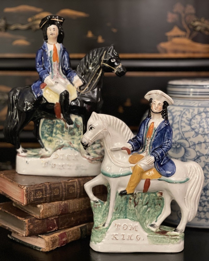 Stunning Rare 19C English Staffordshire Dick Turpin Tom King Equestrian Pair 9.5
