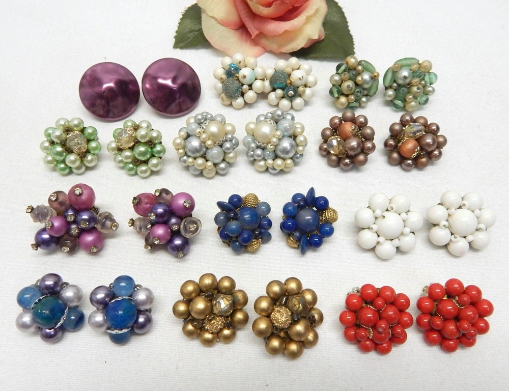 Vintage Clip-On Earring Lot, Cluster Bead & Button Top, Assorted Materials