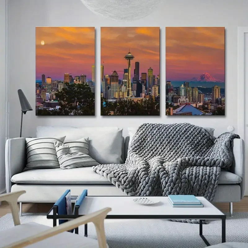 3pcs Vibrant Skyline with Space Needle Metal Print Ready to Hang Art