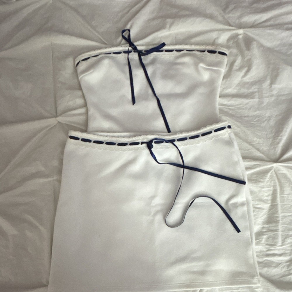 WHITE FOX White & Navy Strapless Top & Skirt Set Women Size S 2 Piece