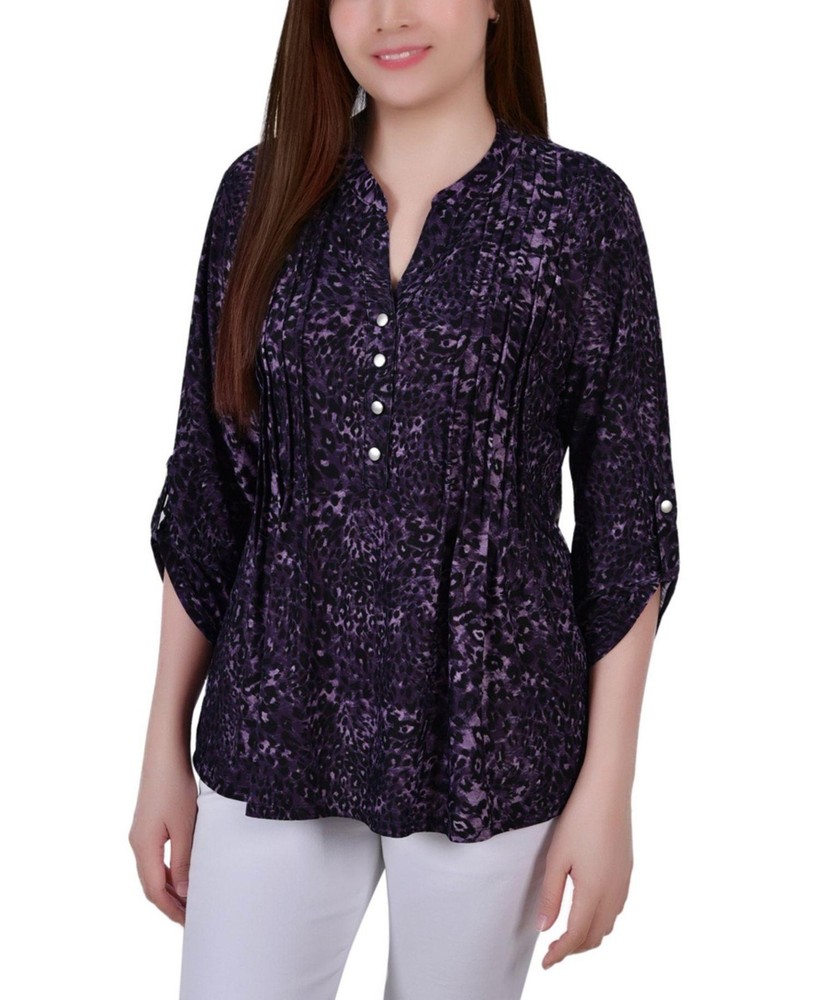NY Collection Blouse Womens Petite Size PS Purple Animal Print Henley Tunic