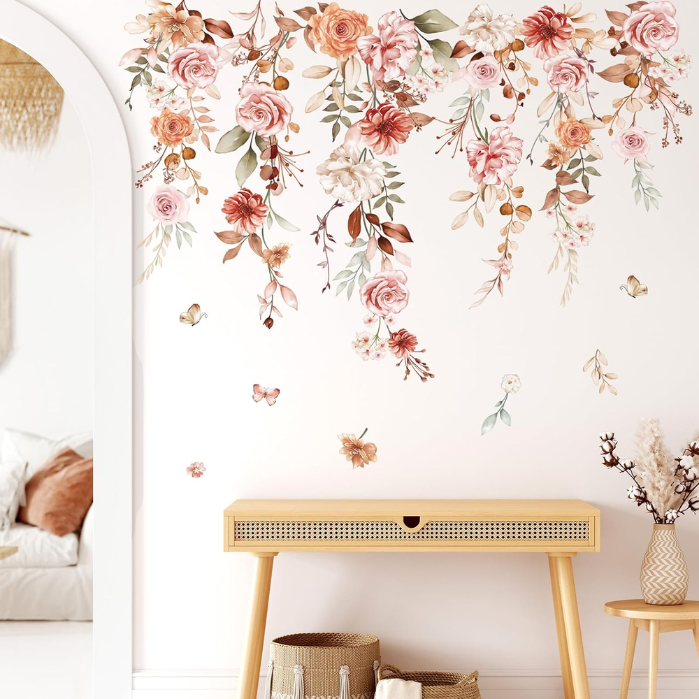 Hanging Flower Vine Wall Stickers Boho Floral Leaves Peel and Stick Wall Art Dec