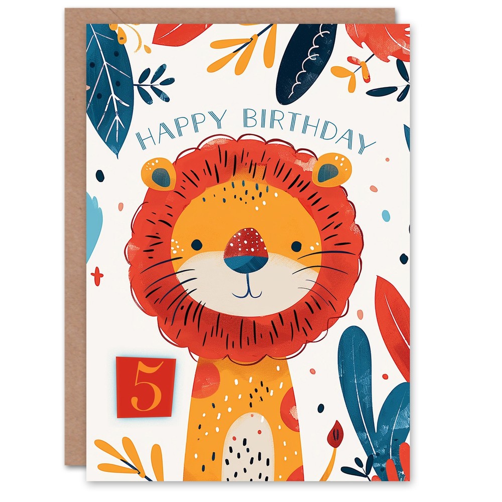 Birthday Card Cute Jungle Lion Bright Cartoon Drawing 5th 5 Year Old Child Kids