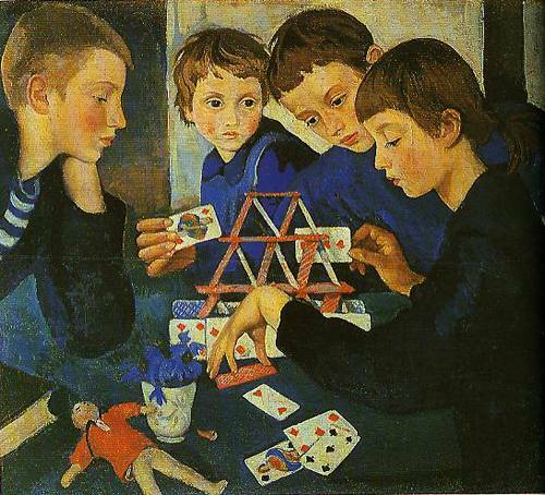 Oil painting boys children playing cards Contemporary-Russian artist handmade