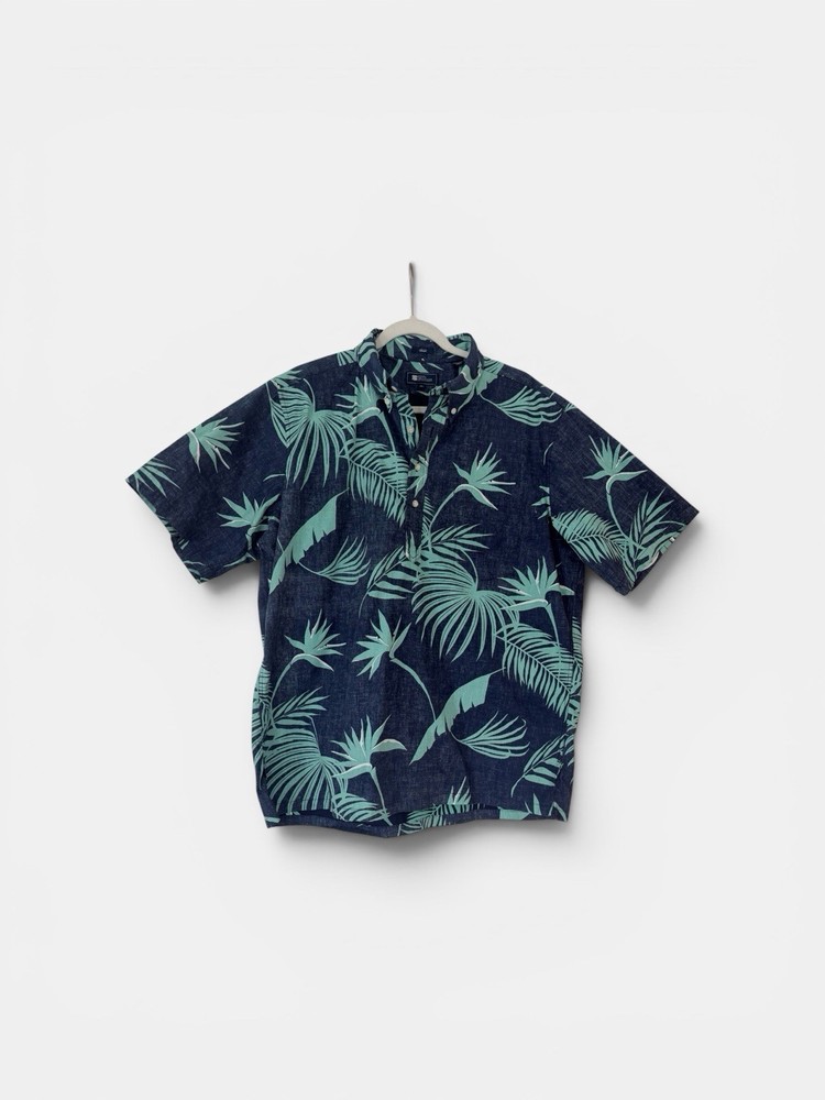 Reyn Spooner Men's Hawaiian Shirt XL Reverse Print Tiki Leaf Popover Navy Green