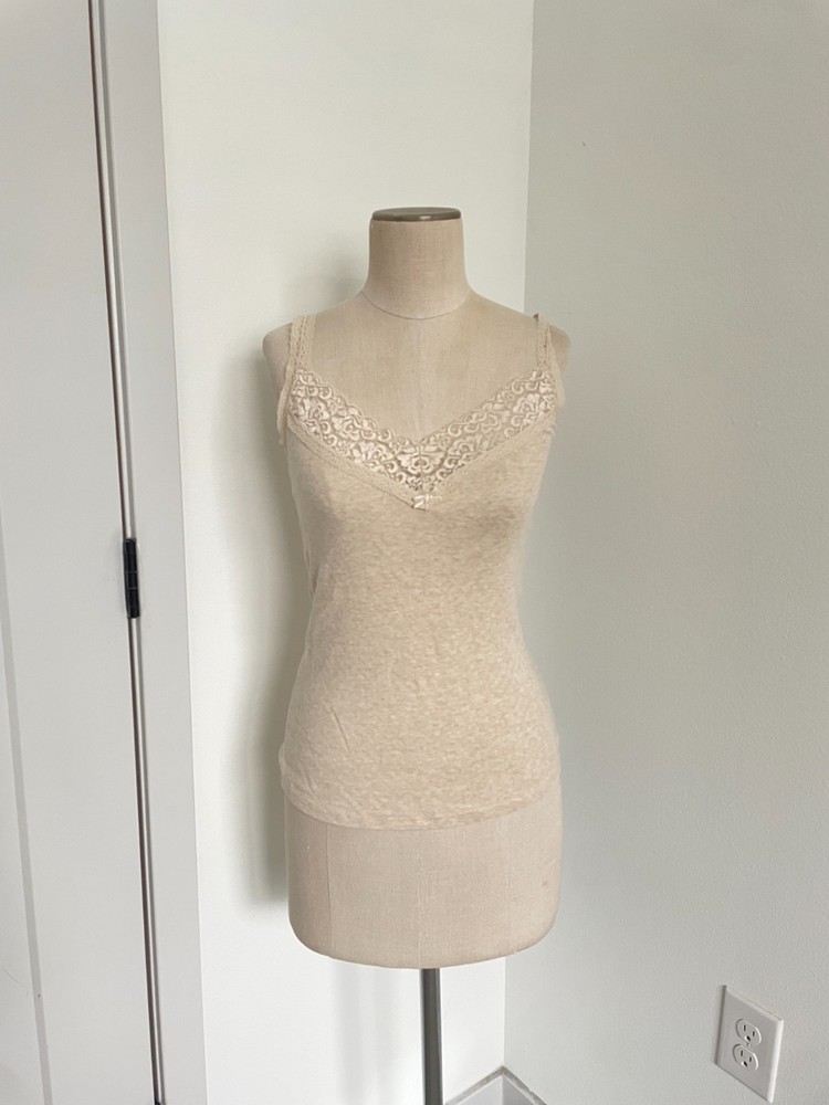 Y2K Express Tank Top Beige Women L Lace Cami Tank Top Coquette Preppy Pointelle