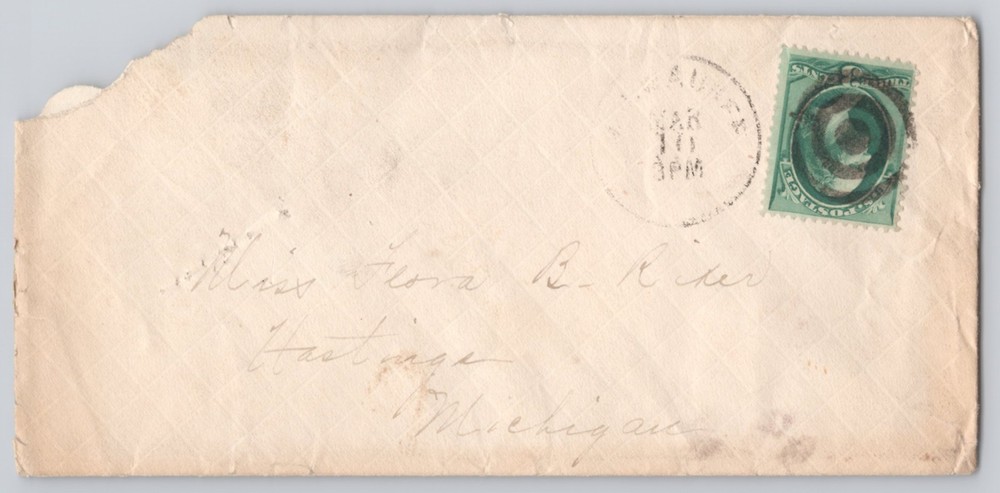 U.S. envelope with 1¢ green Franklin stamp, target cancel, embossed paper used