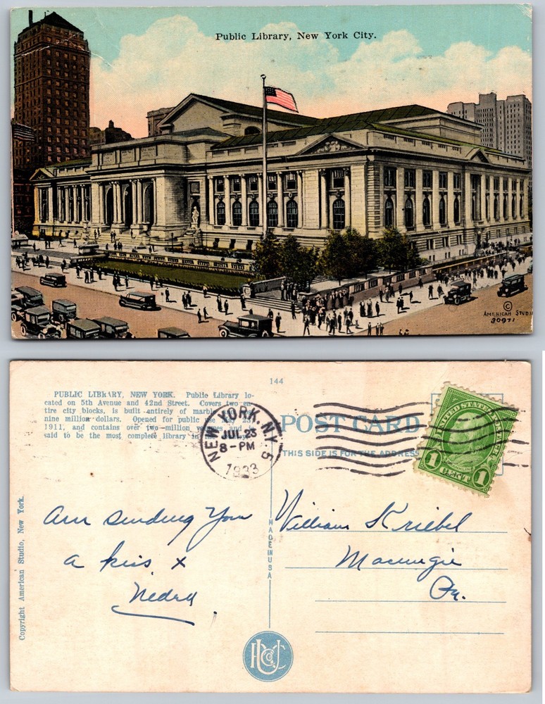 Public Library New York City Street Scene Postcard