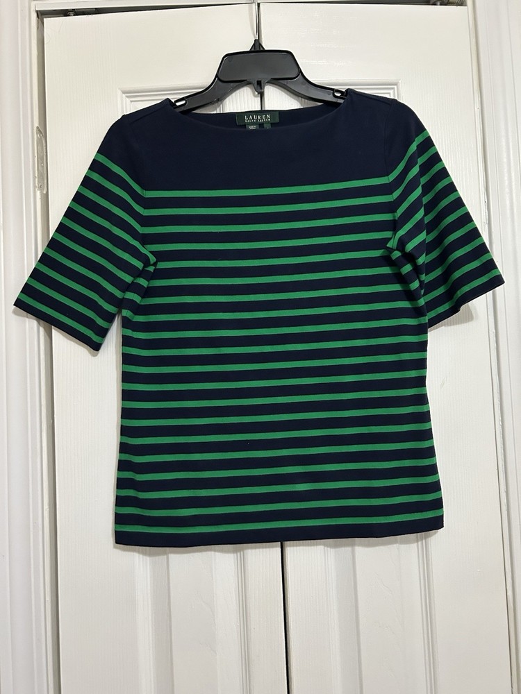 Lauren Ralph Lauren Women's Navy Green Striped Knit Boat Neck T-Shirt Size S