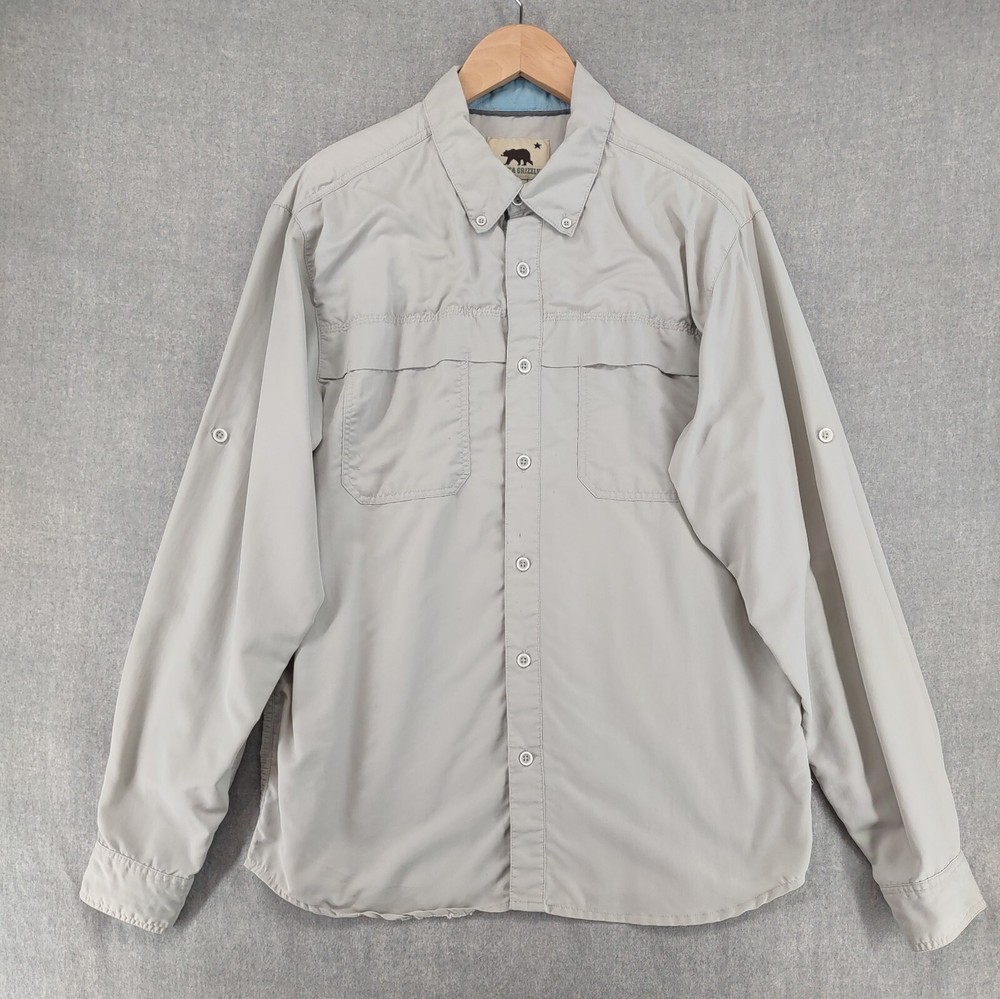 Dakota Grizzly Shirt Mens Large Beige Nylon Vented Fishing Long Sleeve Button Up