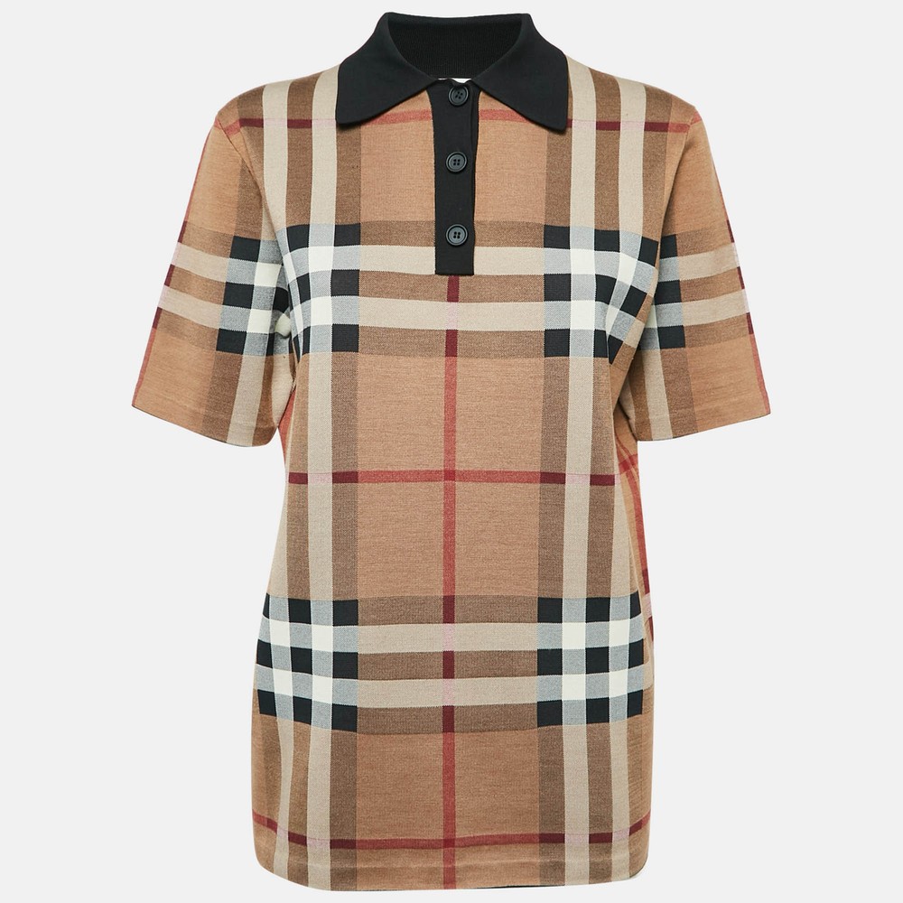 Burberry Beige Plaid Jersey Short Sleeve Polo T-Shirt XS