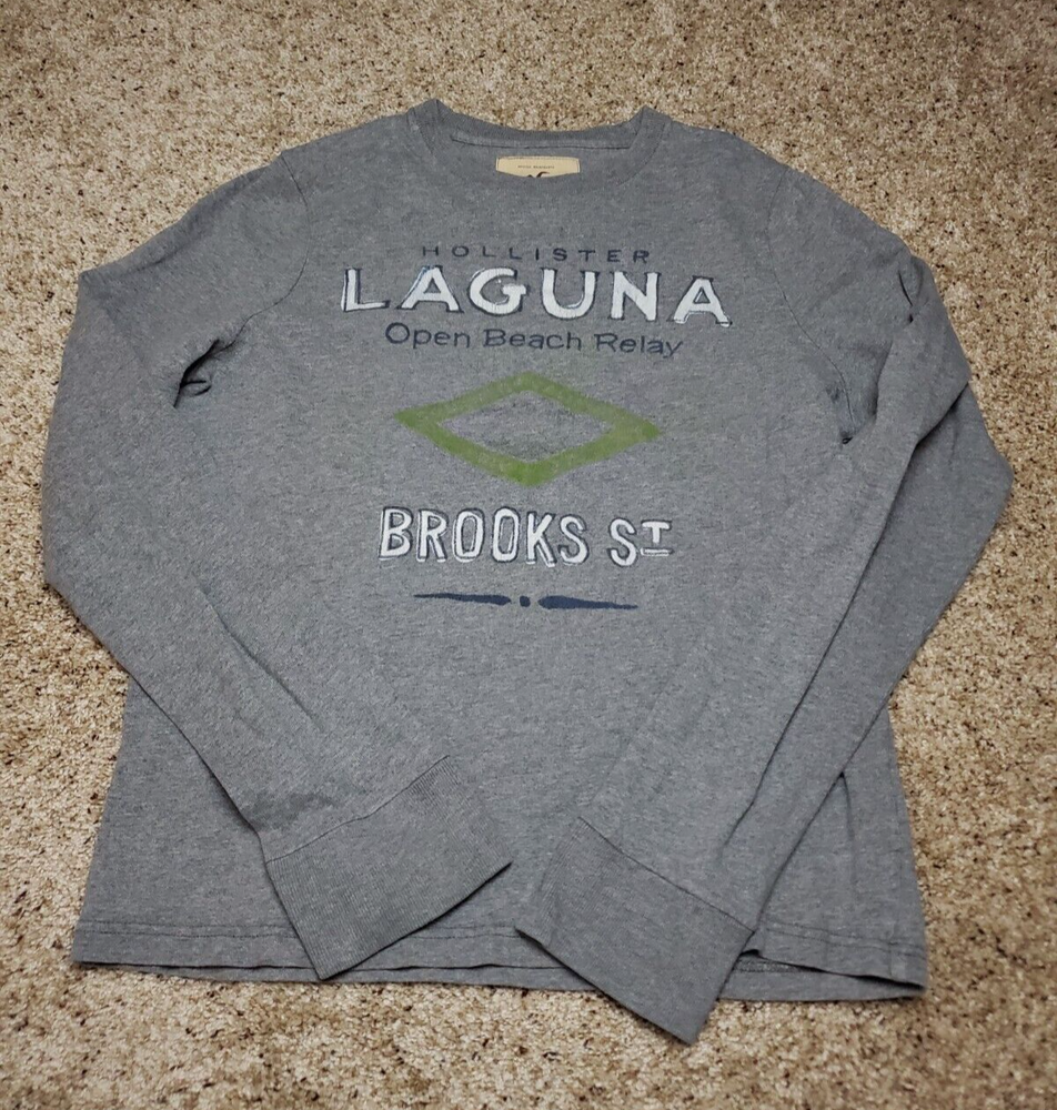 Hollister Laguna Beach Shirt XL Mens Gray Long Sleeve Graphic Crew Neck Cotton