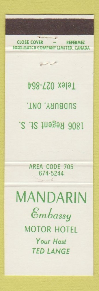 Matchbook Cover - Mandarin Embassy Motor Hotel Sudbury ON