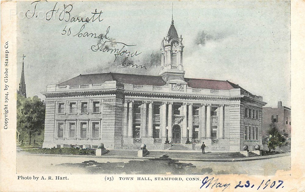 CT, Stamford, Connecticut, Town Hall, Undivided Back, Globe Stamp Company