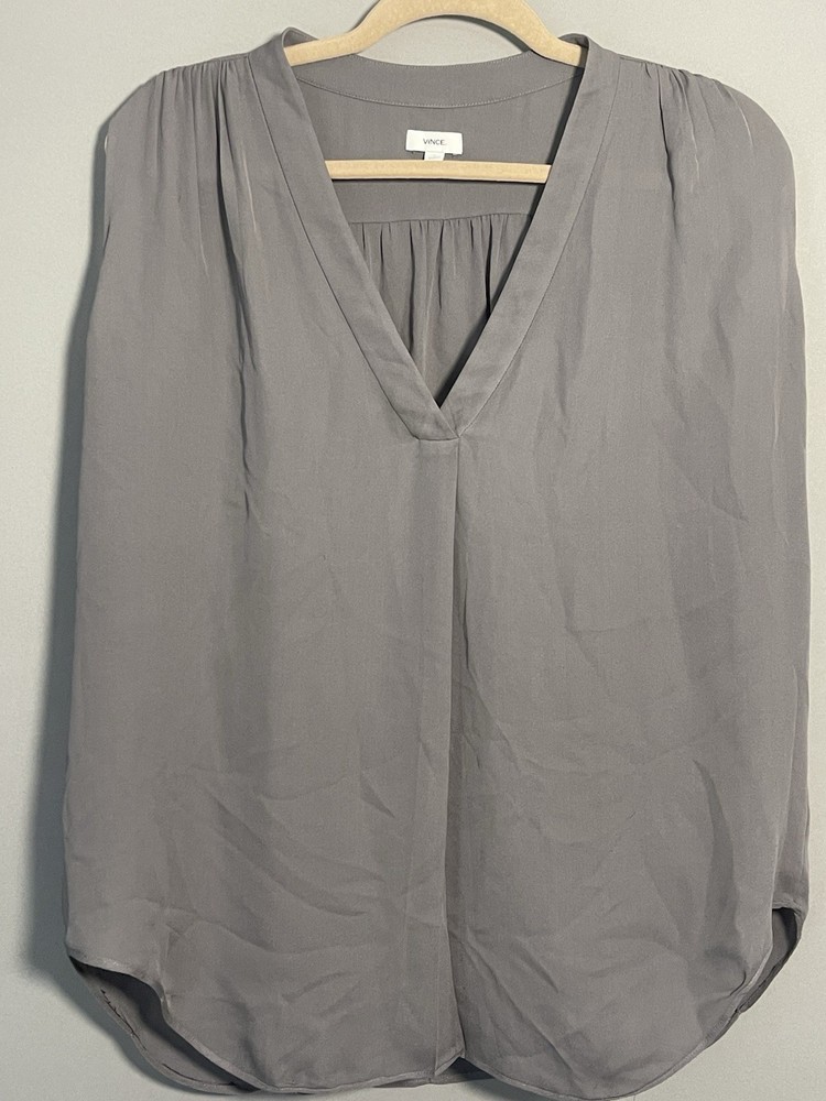 Vince 100% Silk Sleeveless Blouse Gray V Neck Draped Tunic Top Women’s L