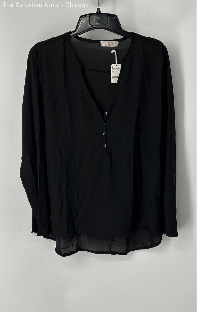 Elfin Womens Black V-Neck Long Sleeve Button Front Blouse Top Size XL