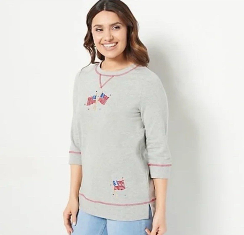 Quacker Factory Embroidered French Terry Sweatshirt Heather Gray Flag Sz 2X