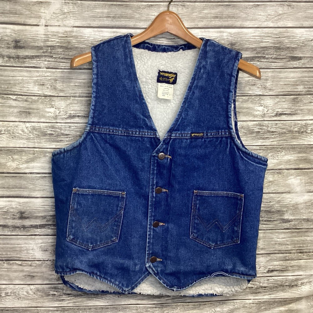 Vintage Wrangler Vest Mens Large Blue Denim Sherpa Lined Trucker Western USA 70s