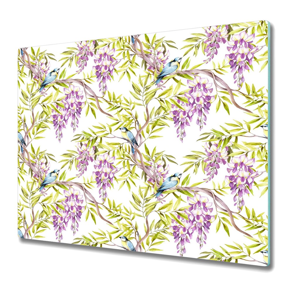Glass Kitchen Chopping Board Wisteria hand drawn green and purple design 60x52