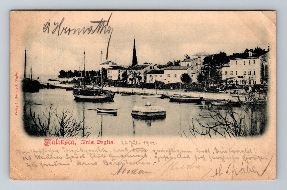 Croatia- Malinsca Island Krk Harbor Boats Old Postal Card Vintage c1901 Postcard
