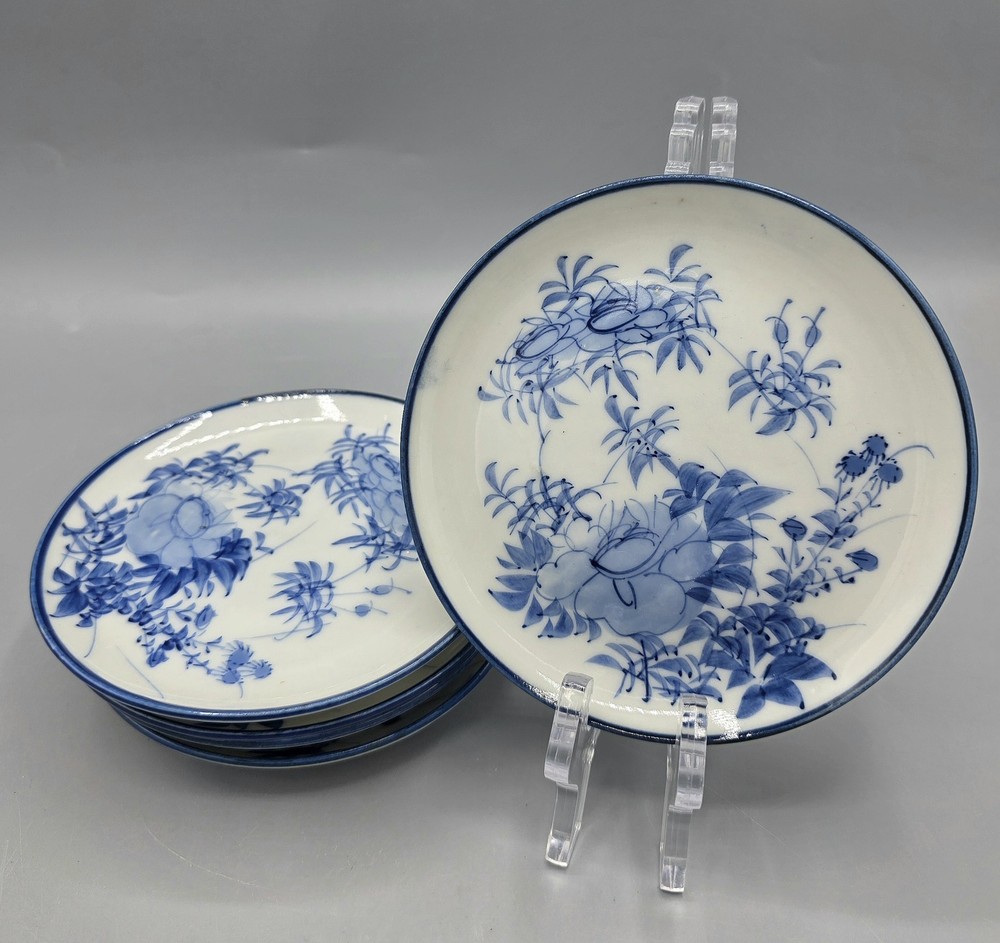 Japanese Blue White Porcelain Floral Bread Plates 6” Arita Style Set Of 5 Vtg