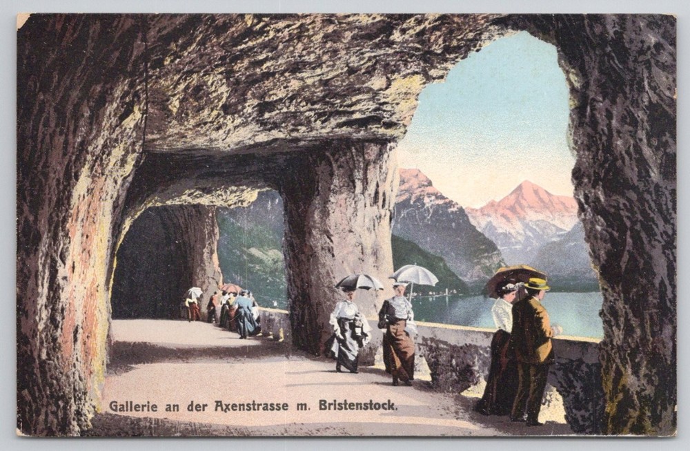 Axenstrasse Gallery Bristenstock Mountains Switzerland Postcard c1910 Fr. Beeler