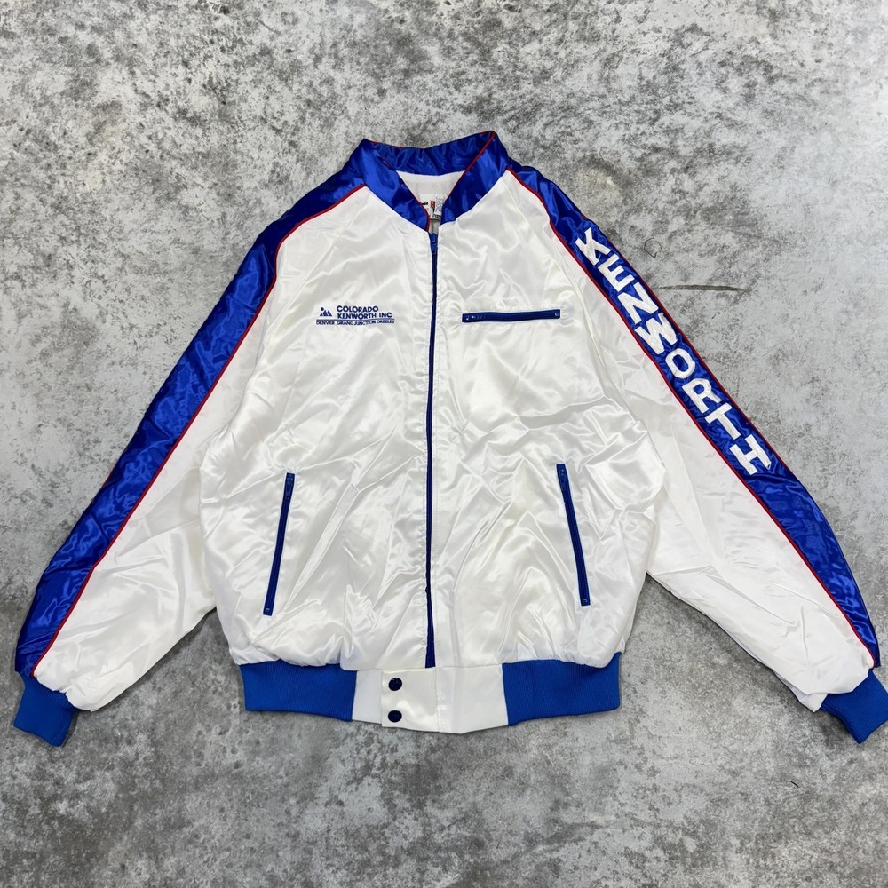 Vintage Kenworth Jacket Mens Medium White Satin Bomber King Louie Made USA 80s
