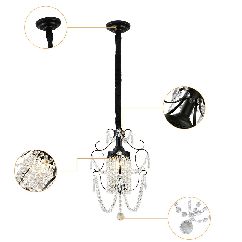 Elegant Black LED Crystal Chandelier Small Pendant Hanging Light Fixture