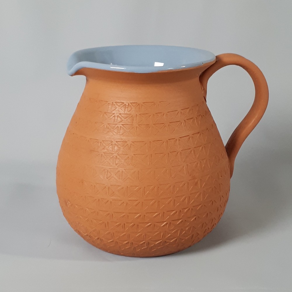 Ceramic Pottery Vase Pitcher Geometric Texture Gloss Blue Matte Terracotta 5.5