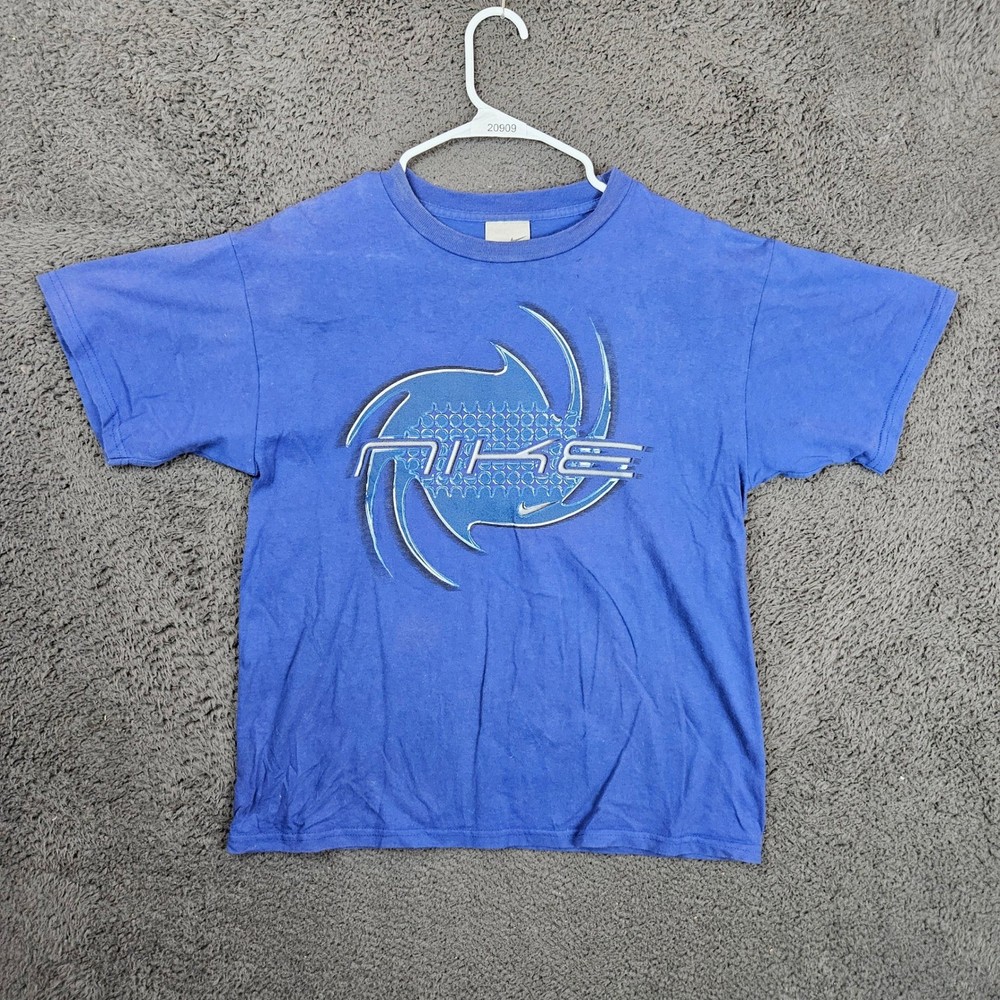 Nike Kids XL 18-20 Blue Graphic T-Shirt Y2K Swirl Logo Short Sleeve Cotton Tee