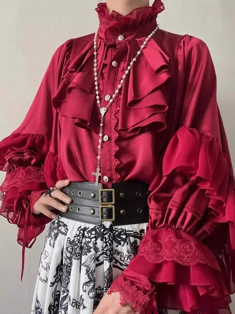 Japanese Cute Lace Patchwork Blouse with Lantern Sleeves for Summer