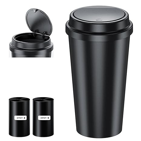 Leakproof Mini Car Trash Can with Lid for Cup Holder and Side Door, Includes 80