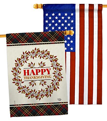 Festive Fall Thanksgiving Wreath House Flag with Turkey Gobble Pumpkin Design  