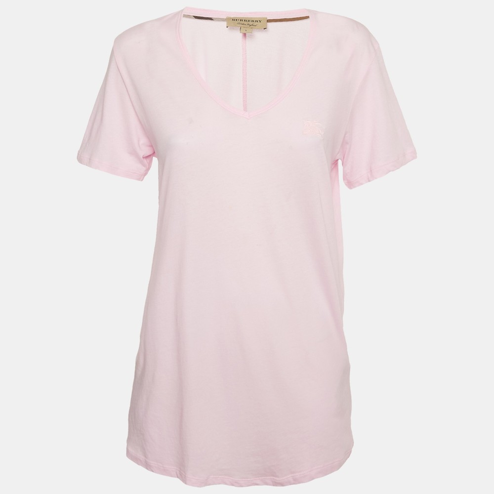Burberry Pink Embroidered Logo Cotton V-Neck T-Shirt Size L