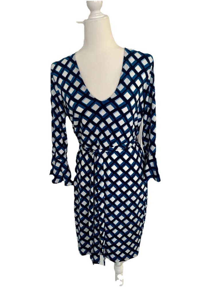 Women’s blue geometric 3/4 Sleeve Belted A Line Midi Dress Banana Republic Small