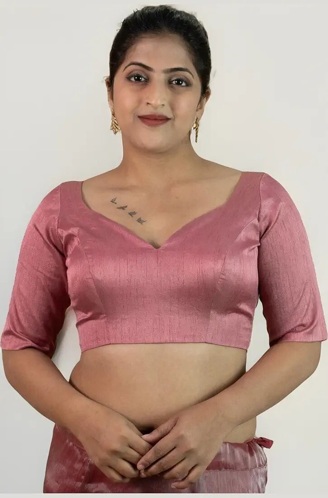 Sweetheart neckline dupion silk back open long sleeve sari top for party wear