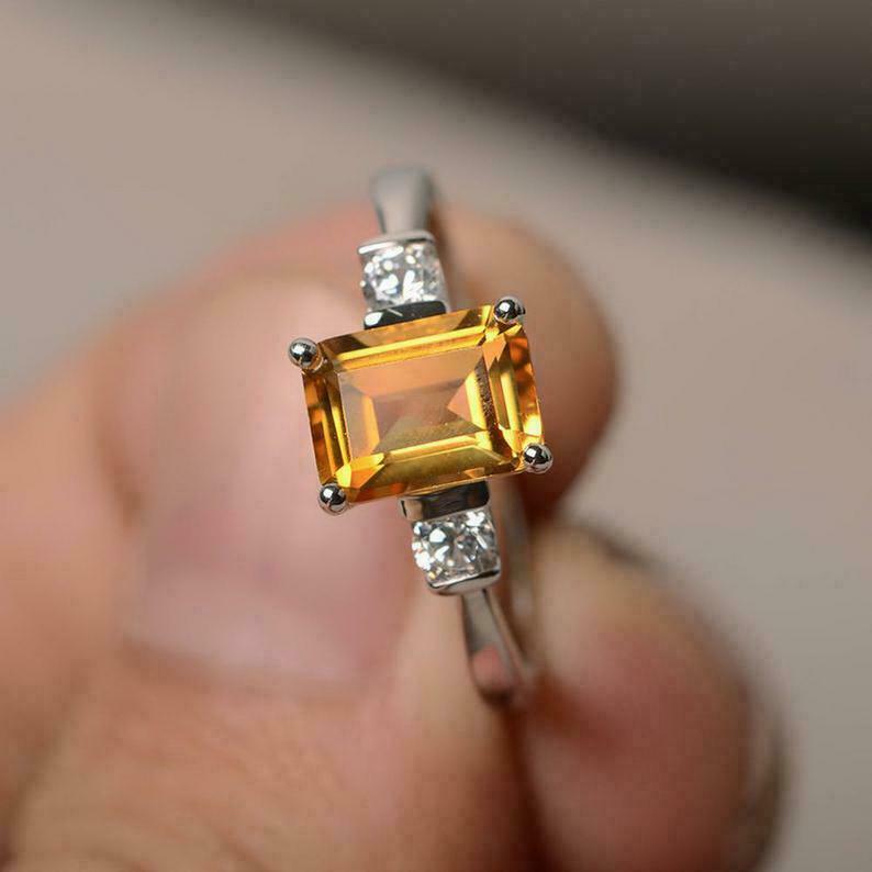 Handmade 925 Sterling Silver Yellow Citrine Statement Engagement Ring Size 8.5